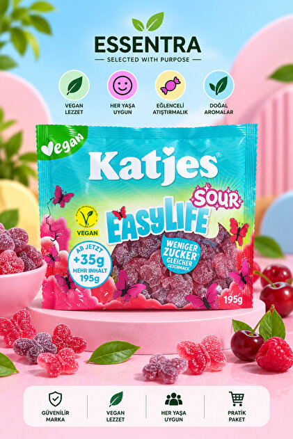 Katjes EasyLife Sour Vegan Ekşi Meyveli Yumuşak Şeker jelibon, ekşi şeker, Helal sertifikalıdır.