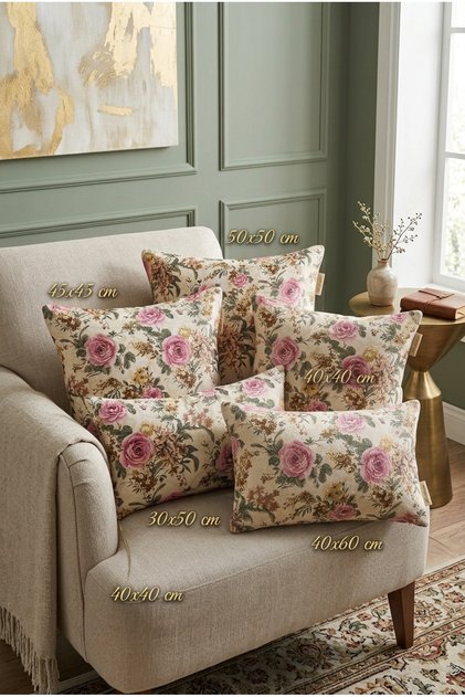 Vintage Rose Goblen Jakarlı Çiçekli Kırlent Kılıfı
