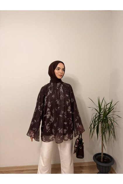 Kahverengi Bağcıklı Oversize Bluz
