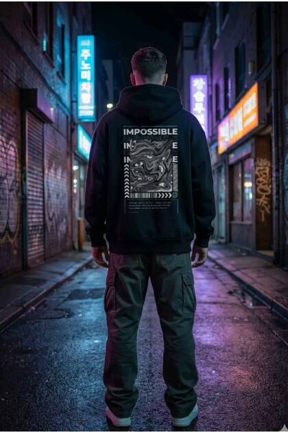 Black Unisex Oversize 3 Thread Raster Printed Hooded Sweatshirt with Kangaroo Pocket