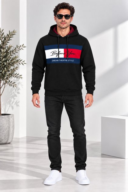 Erkek Premium İçi Polarlı 3 İplik Kapüşonlu Pamuklu Renk Bloklu Baskılı Sweatshirt