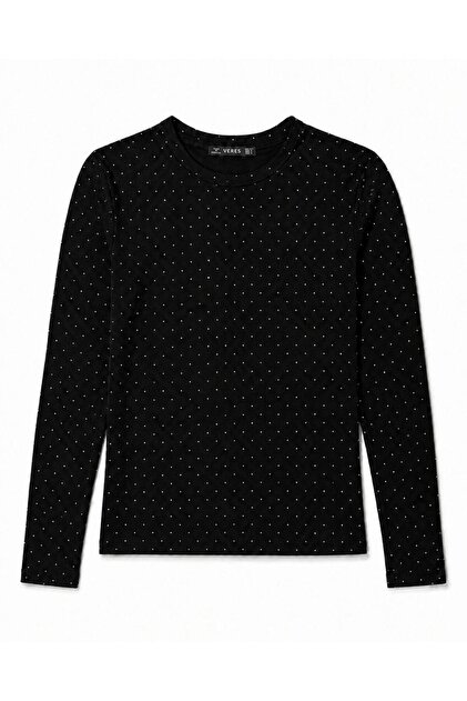 Women's Black Stoned Cotton Long Sleeve Crew Neck Basic Long Blouse