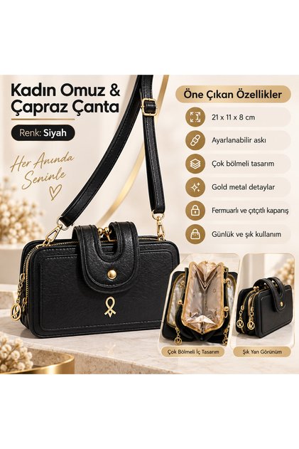 Women's Three-Compartment Shoulder and Crossbody Bag with Adjustable Strap and Gold Accessories 21X11X8 cm