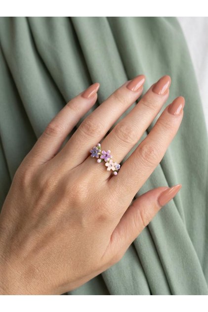 Pink, Lilac, and White Enamel Flower and Stone Adjustable Pinterest Design Ring