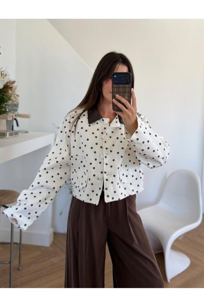 Ecru Leather Collar Detailed Polka Dot Jacket - 1147