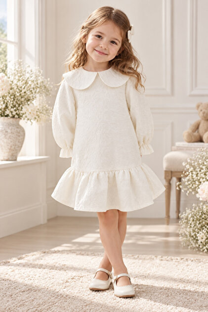 Girl's Dress 100% Cotton with Elastic Sleeves and Baby Collar