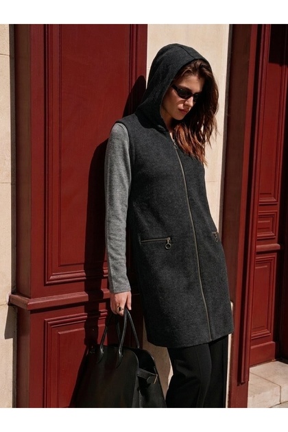 Hooded Steel Knitted Long Tricot Women's Vest