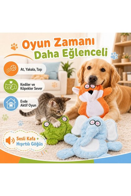 Cat and Dog Toy with Sound and Rustling, Cute Animal Plush Motif, Soft Interactive Pet Toy
