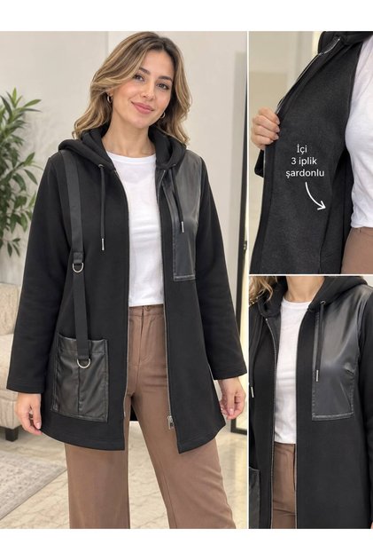 Leather-embellished hooded zip-up jacket with a three-thread brushed fleece design. fits sizes 38/44.