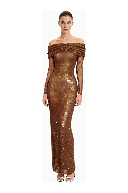 Stoned Sparkling Off-The-Shoulder Long Evening Dress Women's Dress Brown