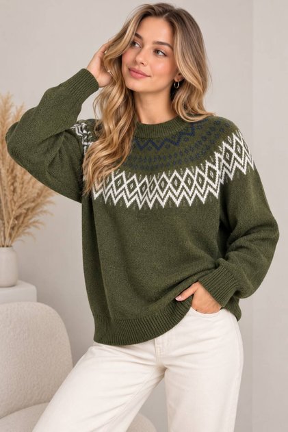 Women's Ethnic Patterned Crew Neck Knitwear Sweater