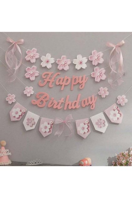 Pink Girls Happy Birthday Party Decoration Banner with Flowers and Ribbons Elegant Wall Decor