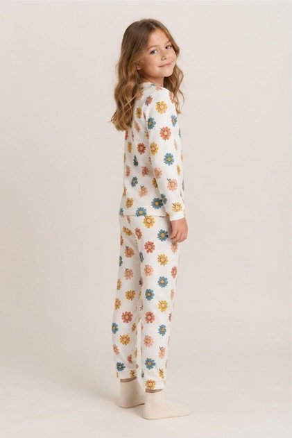 Girl's Floral-Ribbon-Lamb Printed Cotton Pajama Set Tkm1025