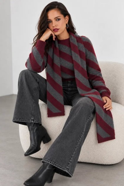 Women's Burgundy Anthracite Striped Shawl Detailed Long Sleeve Knitwear Sweater