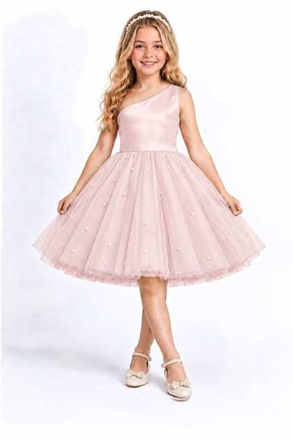 Girl's One Shoulder Short Dreamy Tulle Special Occasion Dress with Pearls