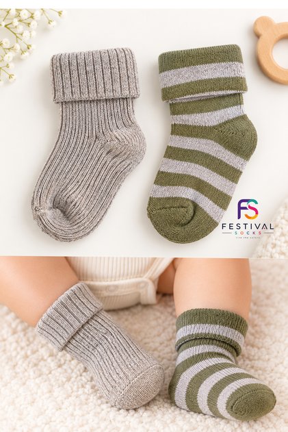Organic Cotton Green and Gray Color 2-Pack Baby Socks