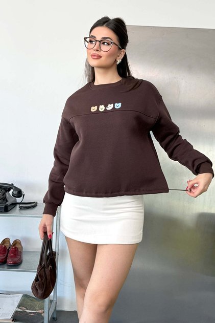 Women's Teddy Bear Embroidered Stopper Detailed Sweatshirt Brown - 27K 2717