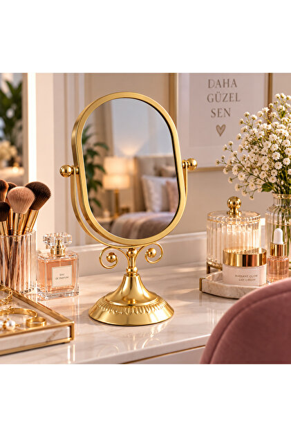 Gold Oval Masaüstü Makyaj Aynası – Dekoratif Ayaklı Çevrilebilir Vanity Ayna