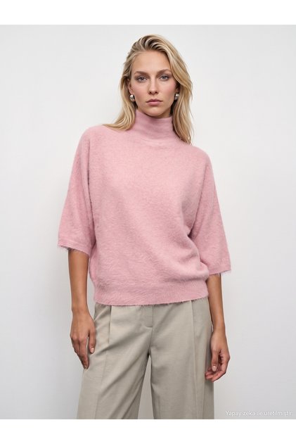 10851 High Neck Soft Textured Sweater-Powder Pink