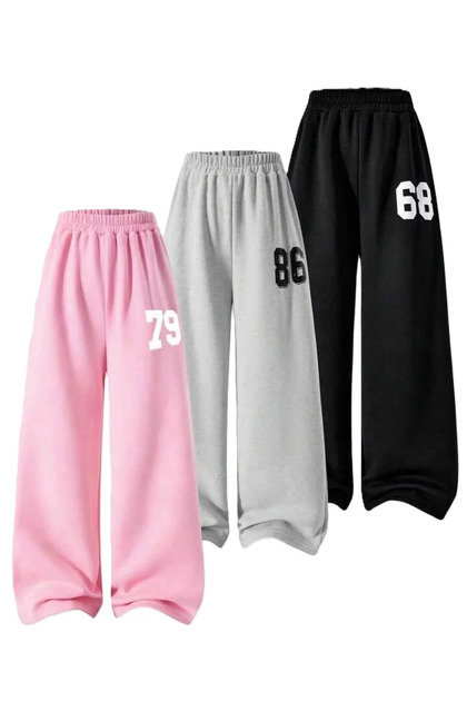 Women's 3-Pack Black - Gray - Pink Number Printed Wide Leg Relaxed Fit Sweatpants