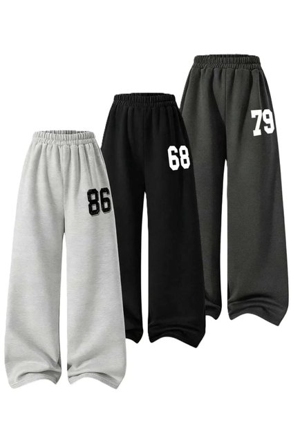 Women's 3-Pack Black - Gray - Anthracite Number Printed Wide Leg Relaxed Fit Sweatpants