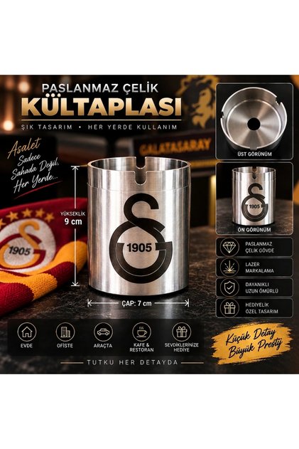 5'Lİ Galatasaray Logolu Paslanmaz Dekoratif Kokosuz Çelik Küllük – Lazer Markalama 1905 Özel Tasarım