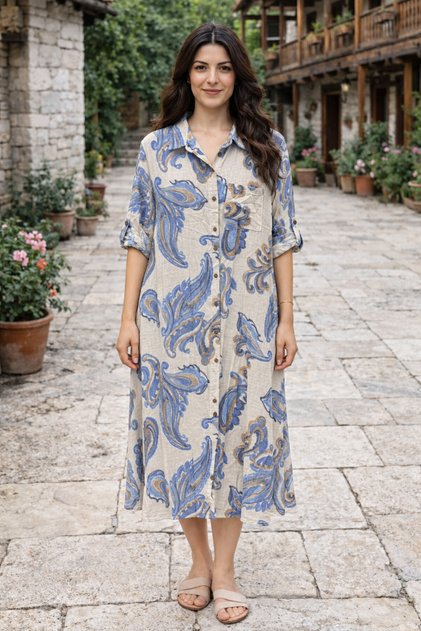Women's Original Italian Shawl Pattern Long Sleeve Shirt Dress 44/48