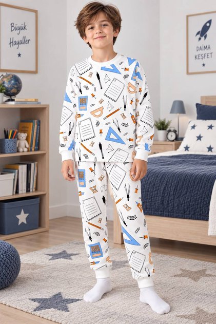 Set de pijamale de iarnă pentru băieți, 100% bumbac, culoare albă, cu model, cu mâneci lungi