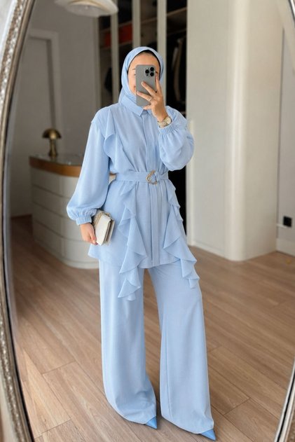 Rüschendetaillierter Gürtelanzug - Blau