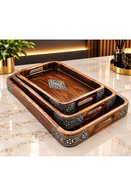 Walnut Wood 3-Piece Tray Set Metal Engraved Presentation Trays