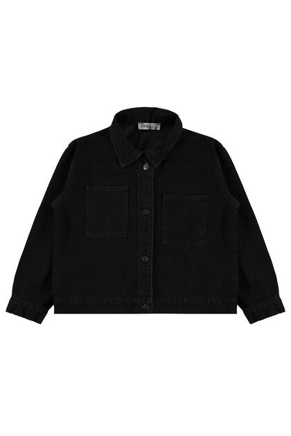 Civil Girl's Pocket Jacket | Denim Long Sleeve Shirt Collar - Polo | School Nursery and Daily Use - Black