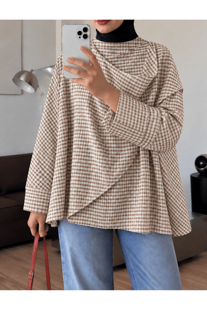 Shawl Collar Detailed Striped Blouse - Mink