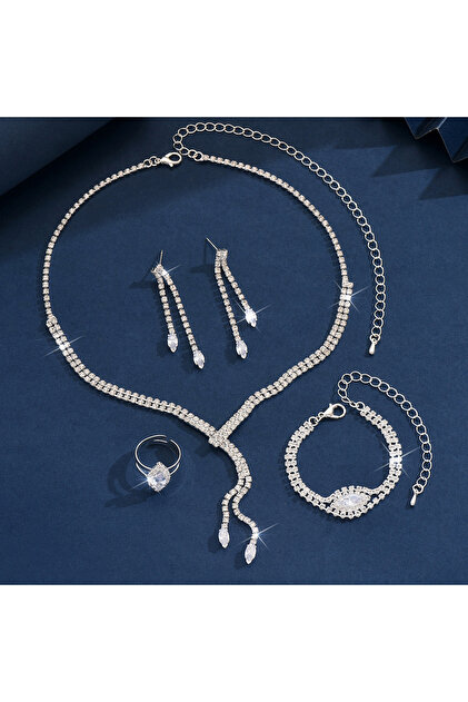 Set Bijuterii Dama Elegante cu Cristale Zirconiu Stralucitoare , 4 piese, Colier, Cercei Lungi, Bratara si Inel Reglabile, Argintiu, Ideal pentru Nunta, Mireasa, Opera sau Evenimente Speciale