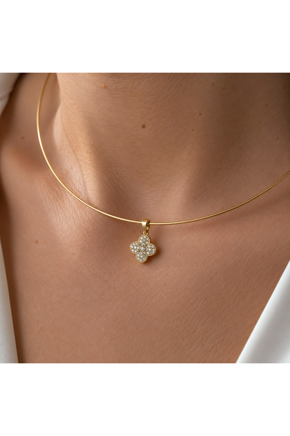 Taşlı Yonca Motifli 14K Altın Kaplama Choker (Boyut Ayarlanabilir)