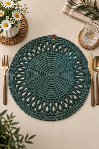 Decorative Single Placemat Patterned Tricot Model Round American Style Placemat Knitted Placemat Handmade Stylish Table Decoration Dining Table Breakfast Table Tableware Decor Home and Kitchen Accessory