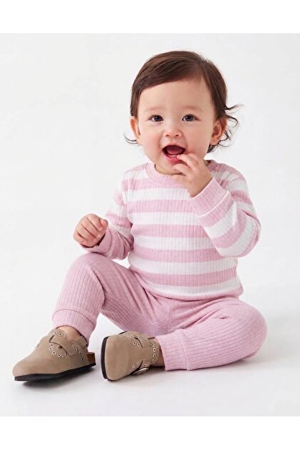 Kız Bebek Mevsimlik 2li Takım Yan Çizgi Desenli Uzun Kollu