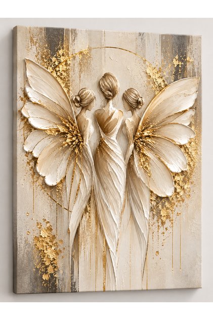 3’lü Melek Figürlü Gold Detaylı Kanvas Tablo – 30x40 cm