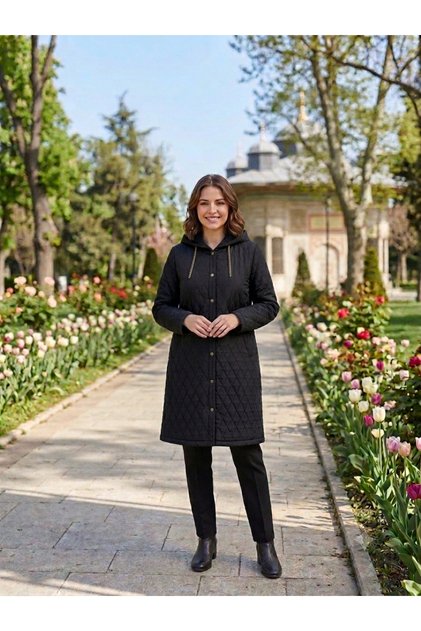 Dilek Trend Kadın Kapüşonlu Kapitone Yağmurluk - Siyah