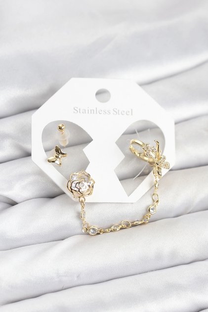 Brass Gold Color Butterfly Model Chain Linked Ear Cuff Earring Set Tj-Bkp11543