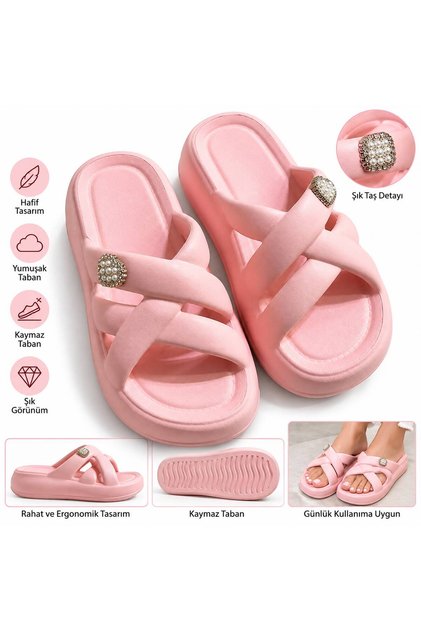 Women's Powder Pink Stone-Crossed Strap Stylish Daily Slippers