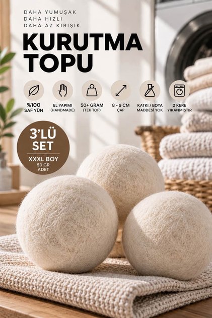3’lü XXXL Çamaşır Yün Kurutma Topu %100 Saf Yün Kurutma Makinesi Topu HKT35