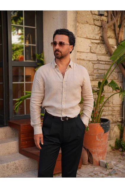Linen Shirt Modern Fit Collared Buttoned