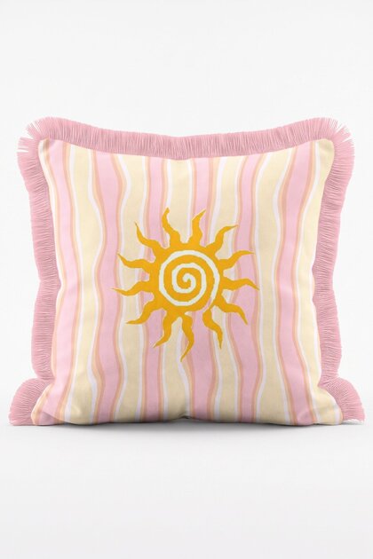 Pink Striped Sun Motif Pastel Modern Decorative Fringed Throw Pillow Cover