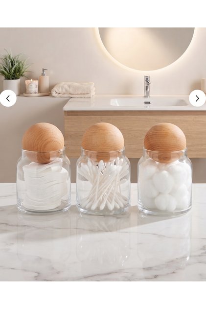 3-Piece Wooden Ball Lid Glass Bath Set Cotton Swabs & Cotton & Organizing Set