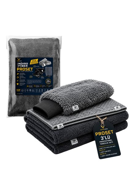 ProSet Mikrofiber Oto Yıkama Temizleme Seti | Araç Kurulama Havlusu + Otomobil Cam Bezi + Araba Yıkama Eldiveni Paketi, Profesyonel Araç Bakım Seti (3'lü Set)