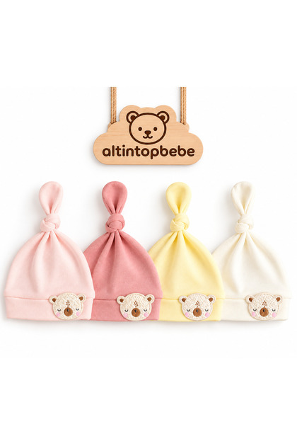Baby Girl Knotted Beanie with Teddy Bear Applique, 4 Colors Newborn Baby Hat