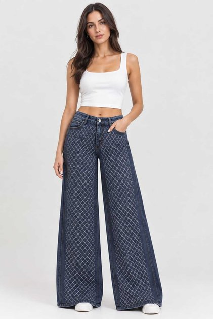 Palazzo Jean Trousers 98% Cotton Lycra Diamond Patterned Wide Leg