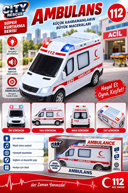 AMBULANS Arabası Minibüs Oyuncak Işıklı Sesli Oyuncak AMBULANS Arabası Orta Boy 21 cm Oyuncak AMBULANS Arabası