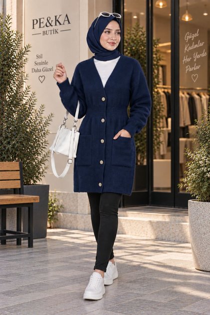 Women's Angora Fabric Long Hijab Cardigan with Elastic Waist