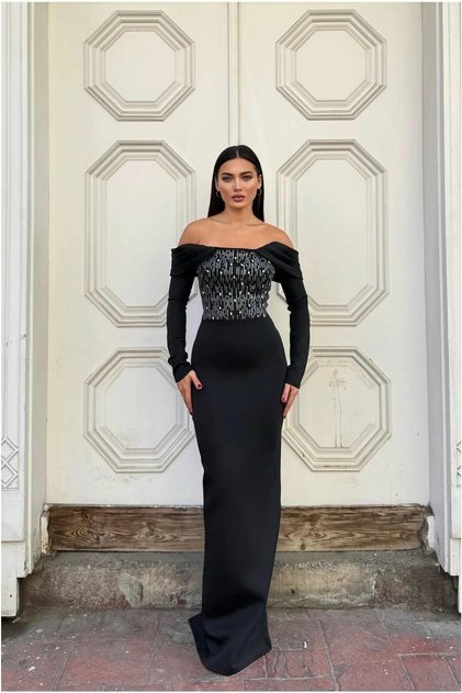 Rochie de seară maxi cu paiete, cu decolteu și mâneci lungi